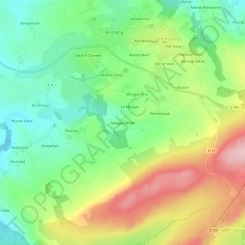 Topografische Karte Mougau Bihan, Höhe, Relief