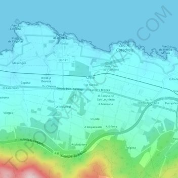 Topografische Karte O Tombín, Höhe, Relief