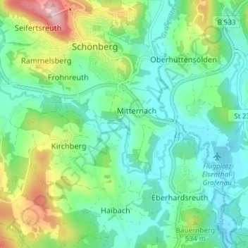 Topografische Karte Mitternachmühle, Höhe, Relief