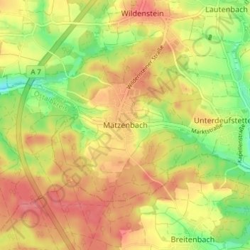 Topografische Karte Matzenbach, Höhe, Relief