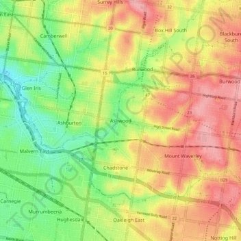 Topografische Karte Ashwood, Höhe, Relief