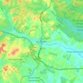 Topografische Karte Ulu Tiram, Höhe, Relief