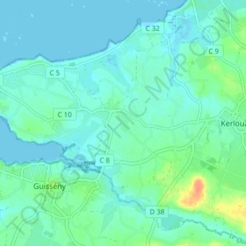 Topografische Karte Kerliver, Höhe, Relief