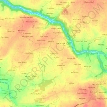 Topografische Karte Kerdeozen, Höhe, Relief