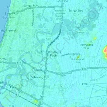 Topografische Karte Permatang Pauh, Höhe, Relief
