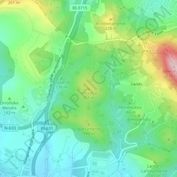 Topografische Karte Untzaga, Höhe, Relief