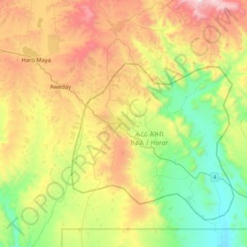 Topografische Karte Harar, Höhe, Relief