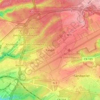 Topografische Karte Findel, Höhe, Relief