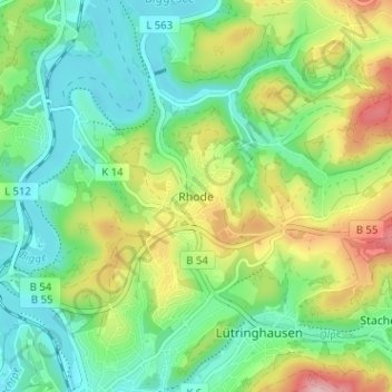 Topografische Karte Rhode, Höhe, Relief