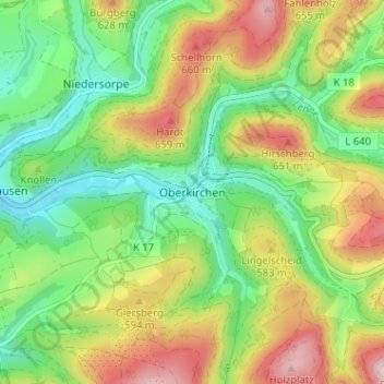 Topografische Karte Oberkirchen, Höhe, Relief
