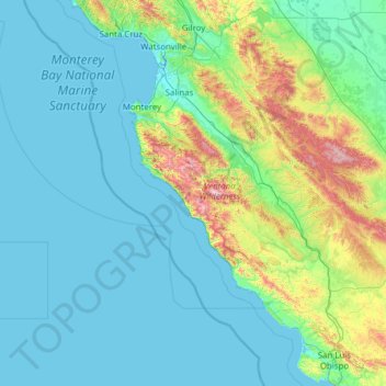 Topografische Karte Big Sur, Höhe, Relief