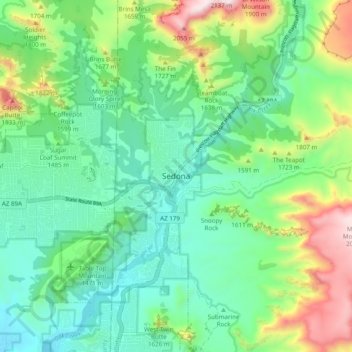 Topografische Karte Sedona, Höhe, Relief