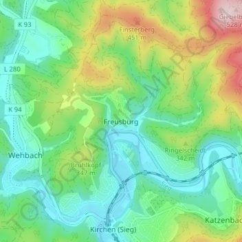 Topografische Karte Freusburg, Höhe, Relief