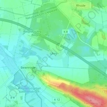 Topografische Karte Uhry, Höhe, Relief