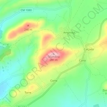 Topografische Karte Gralheira, Höhe, Relief