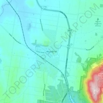 Topografische Karte Woodend, Höhe, Relief
