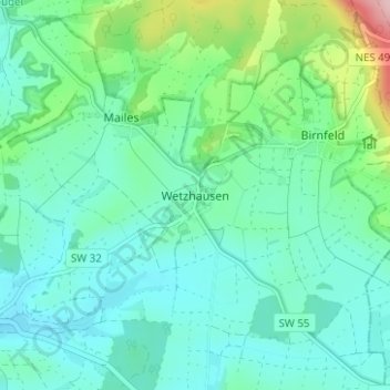 Topografische Karte Wetzhausen, Höhe, Relief