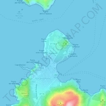 Topografische Karte Vulcanello, Höhe, Relief