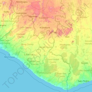 Topografische Karte Nimba, Höhe, Relief