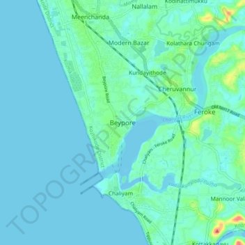 Topografische Karte Beypore, Höhe, Relief