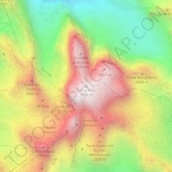 Topografische Karte Cima Tosa, Höhe, Relief