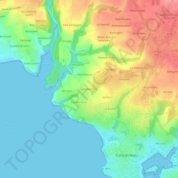 Topografische Karte Lanadan Creiz, Höhe, Relief