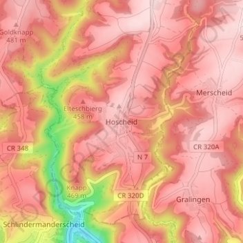 Topografische Karte Hoscheid, Höhe, Relief