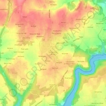 Topografische Karte Pennanguer Bihan, Höhe, Relief