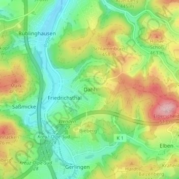 Topografische Karte Dahl, Höhe, Relief