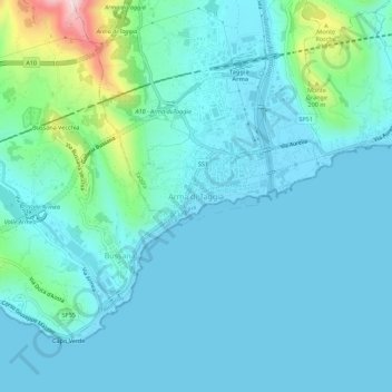 Topografische Karte Arma di Taggia, Höhe, Relief