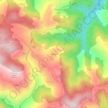 Topografische Karte Кожље, Höhe, Relief