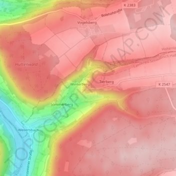 Topografische Karte Schloss Tierberg, Höhe, Relief
