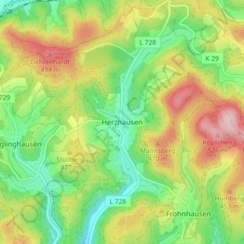 Topografische Karte Herzhausen, Höhe, Relief