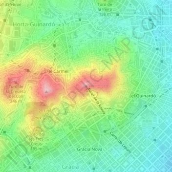 Topografische Karte Turó de la Rovira, Höhe, Relief