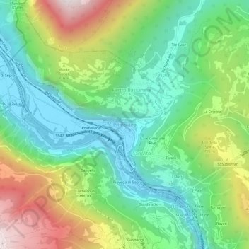 Topografische Karte Primolano, Höhe, Relief