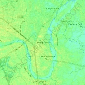 Topografische Karte Kubang Kerian, Höhe, Relief