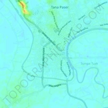 Topografische Karte Tanah Grogot, Höhe, Relief