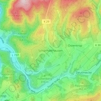 Topografische Karte Schönholthausen, Höhe, Relief