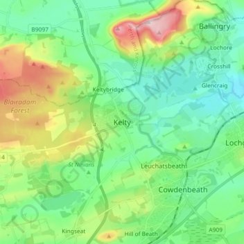 Topografische Karte Kelty, Höhe, Relief
