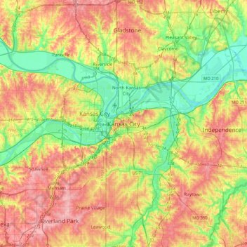 Topografische Karte Downtown Kansas City, Höhe, Relief