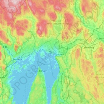 Topografische Karte Oslo, Höhe, Relief