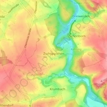 Topografische Karte Zschöppichen, Höhe, Relief