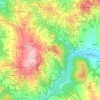 Topografische Karte Ruino, Höhe, Relief