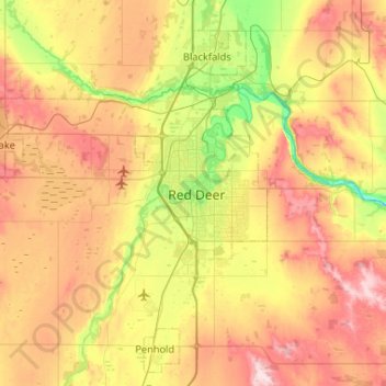 Topografische Karte Red Deer, Höhe, Relief