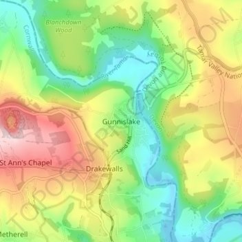 Topografische Karte Gunnislake, Höhe, Relief