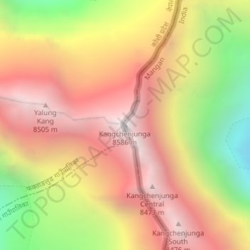 Topografische Karte Kangchendzönga, Höhe, Relief