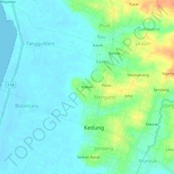 Topografische Karte Kretek, Höhe, Relief