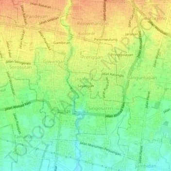 Topografische Karte Sayangan, Höhe, Relief