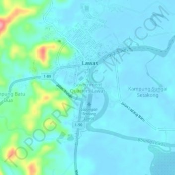Topografische Karte Government Quarters Lawas, Höhe, Relief
