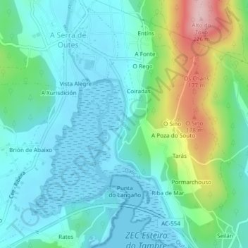 Topografische Karte outes, Höhe, Relief